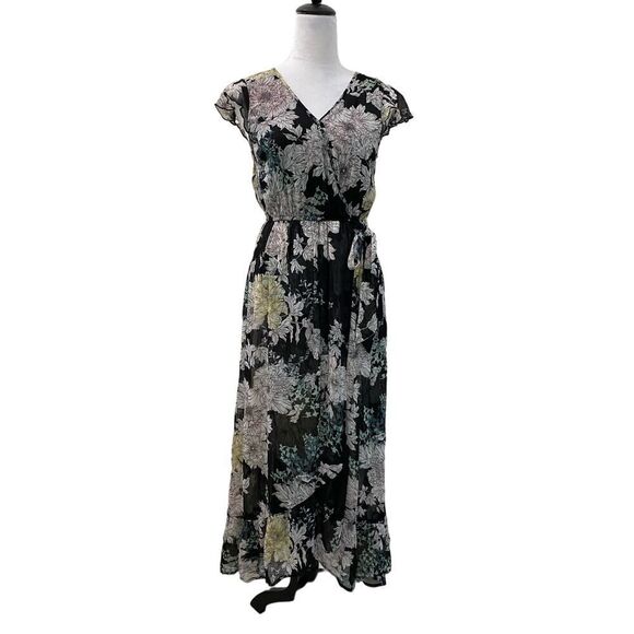 Band of Gypsies Floral Maxi Dress Black Double V Neck Back Tie Flowy Praire - S - Picture 1 of 8